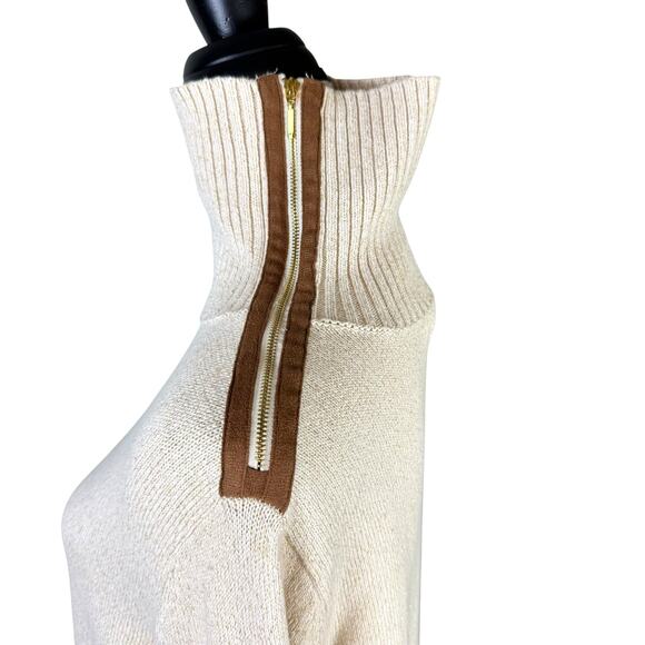 Charter Club Cream & Gold Metallic Knit Zipper Suede Trim Turtleneck Sweater - Picture 6 of 10